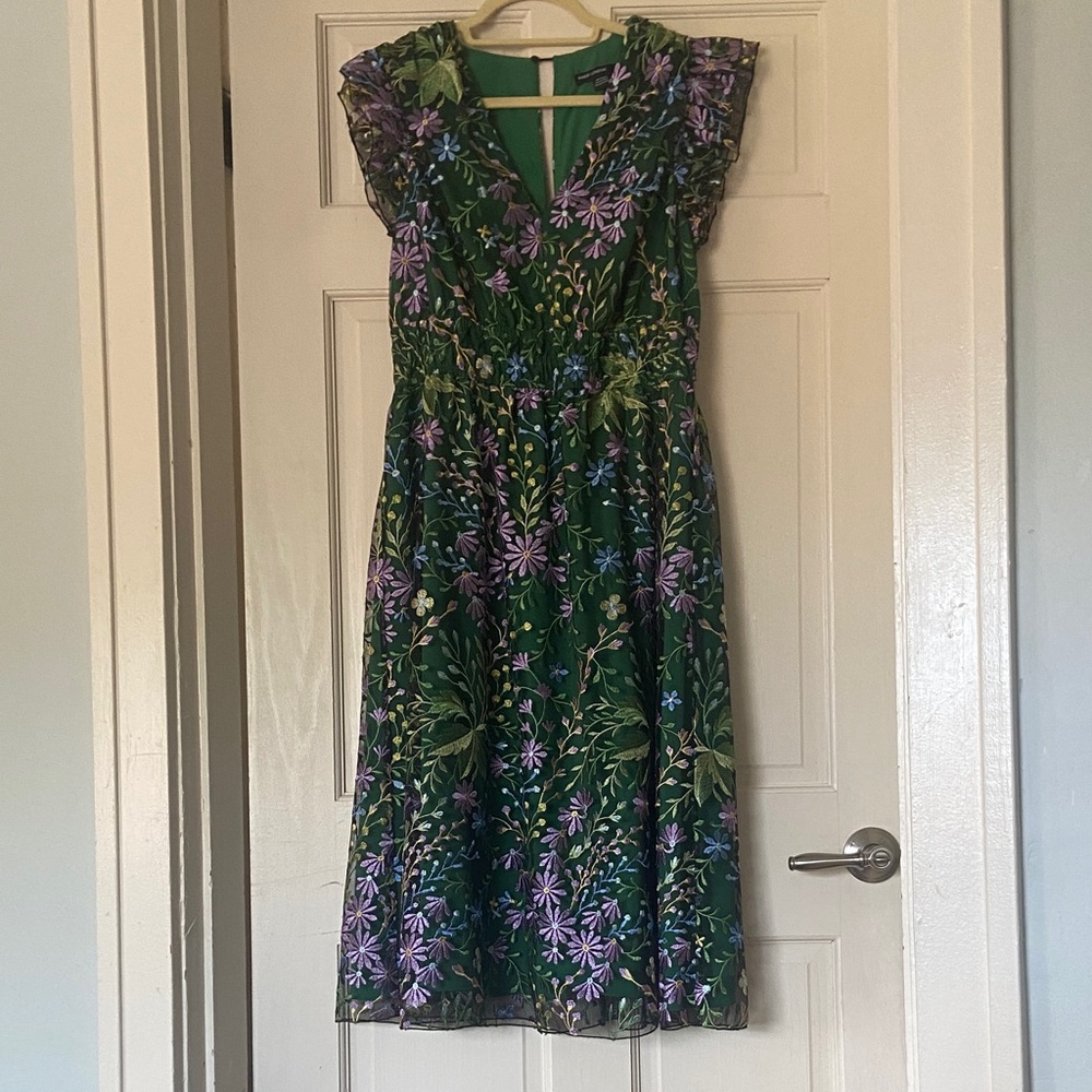 Maggy London Green and Purple Floral Midi Dress
